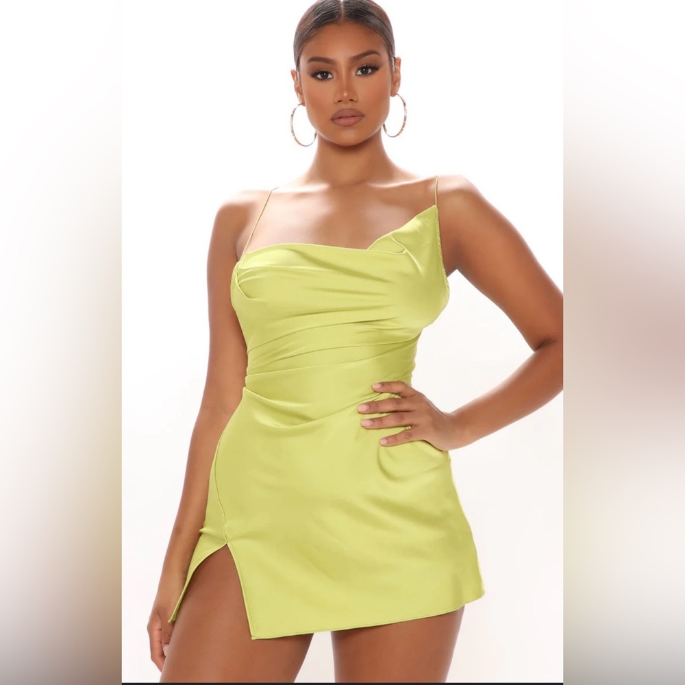 Fashion Nova Lime Yellow Satin Mini Dress | Chain Detail | NWT | Size S - Picture 3 of 13